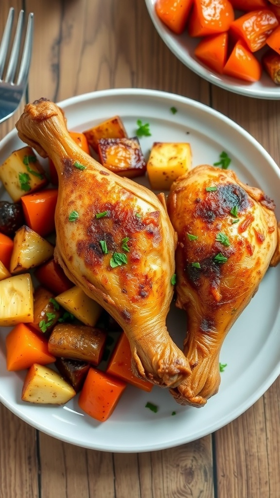 Crispy Air Fryer Baked Chicken Leg Quarters Crispy baked chicken leg quarters on a plate with roasted vegetables, garnished with herbs.